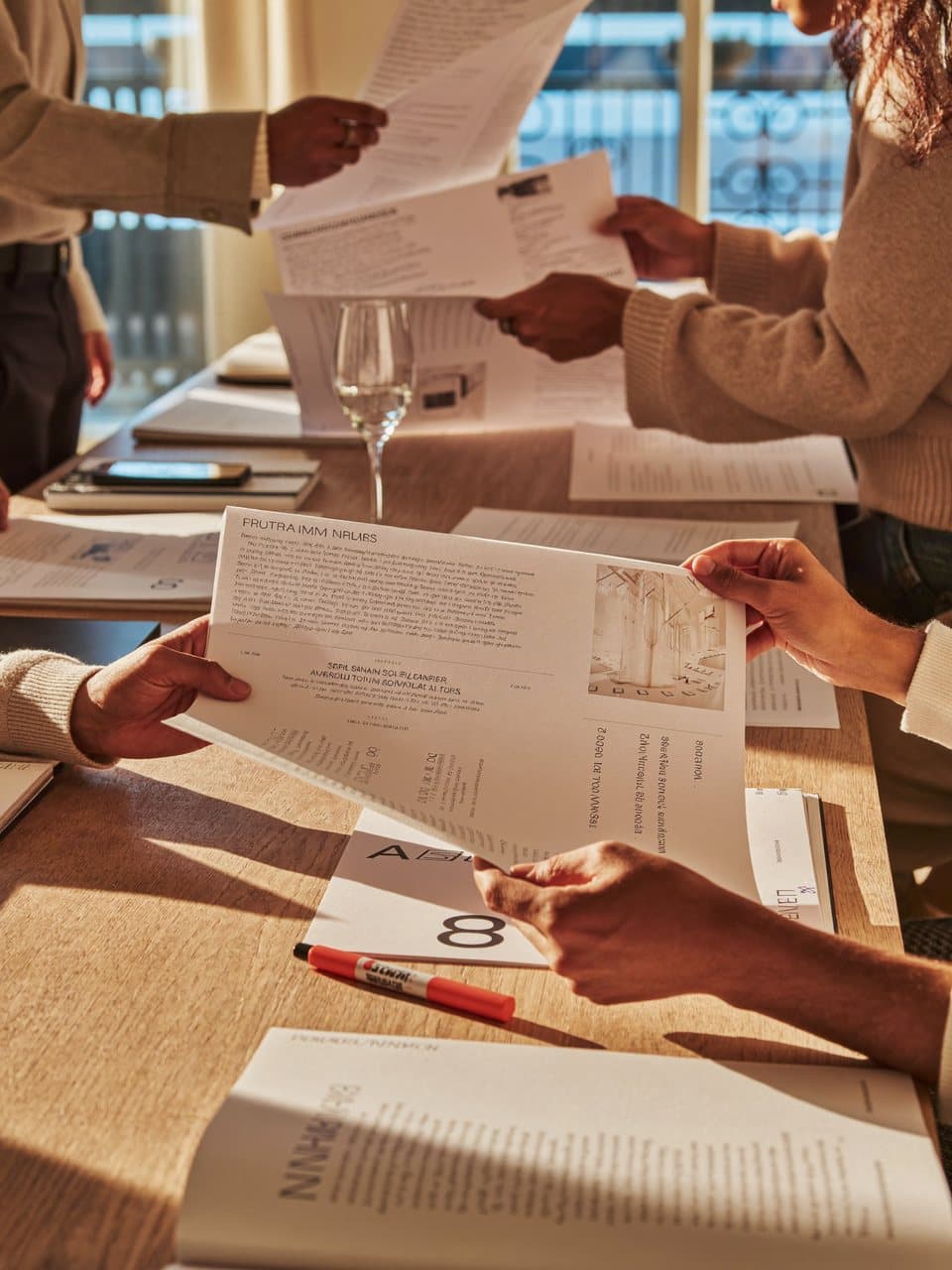 Several people's hands annotating printed campaign pages across a long table