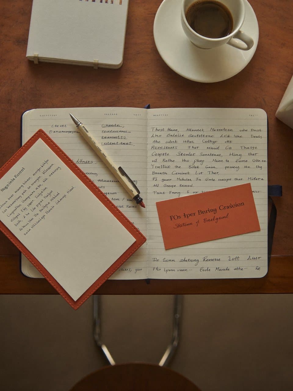 A founder's desk from above: a notebook with a handwritten campaign plan and one printed brief