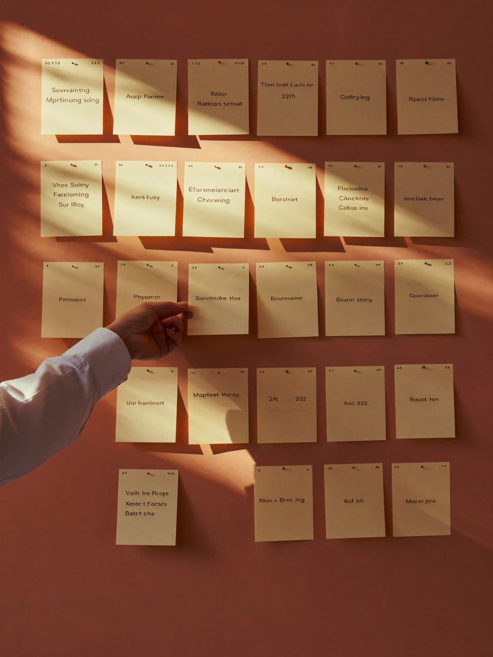 A team planning wall of printed cards and sticky notes in tidy columns