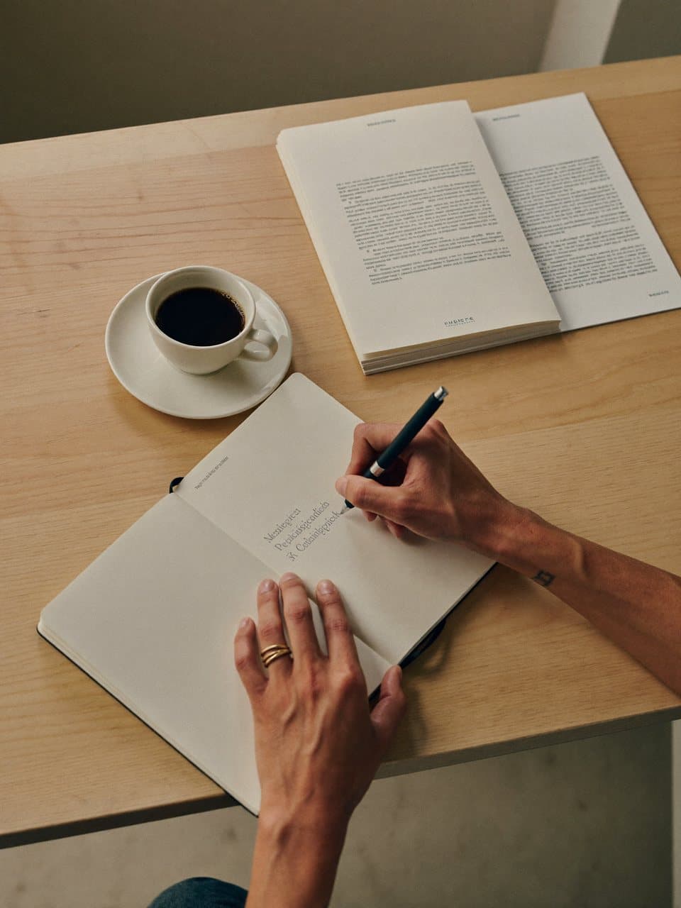 One person's hands writing in a single notebook beside a small stack of printed pages