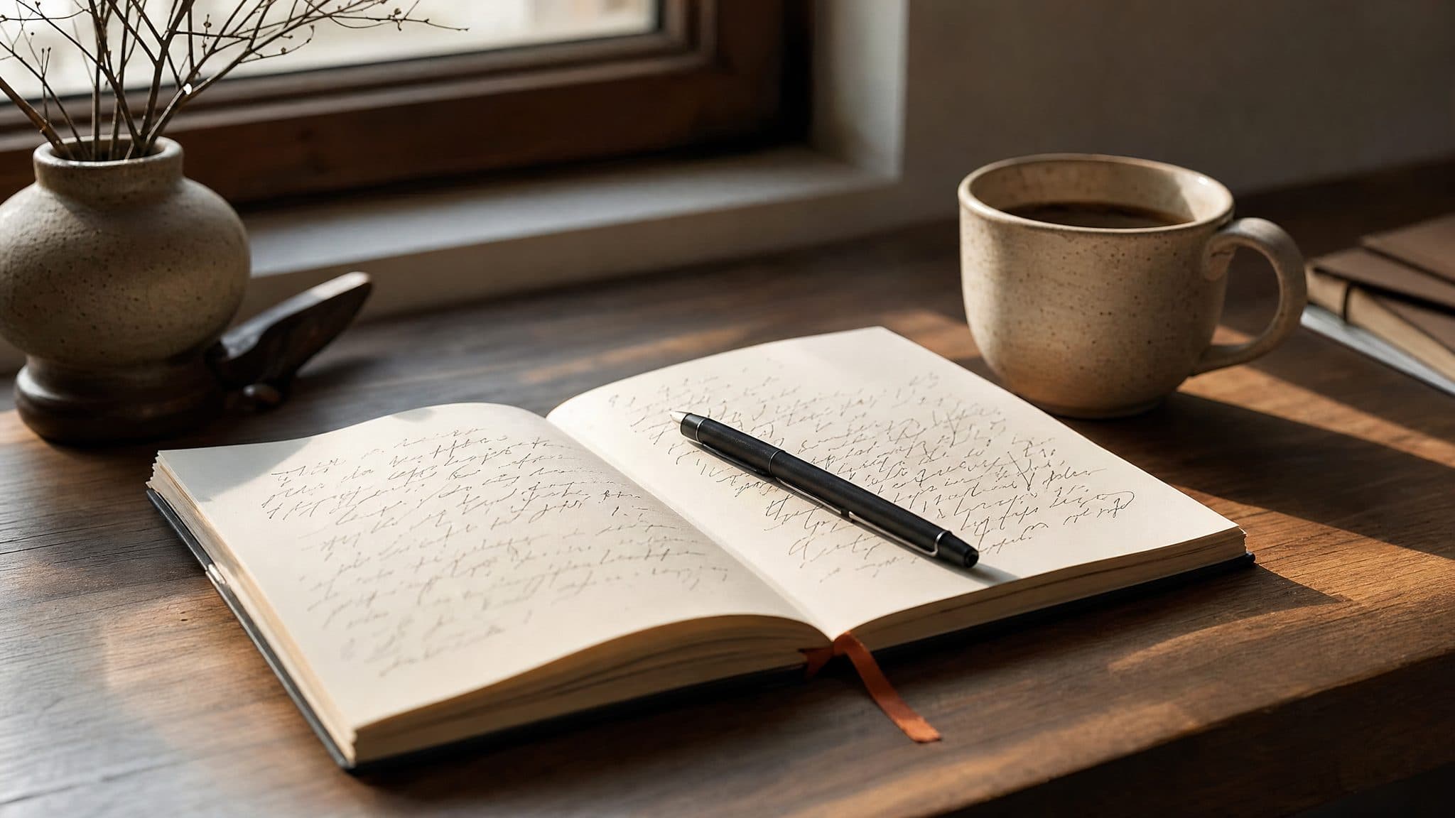 An open notebook with a pen and coffee in morning light