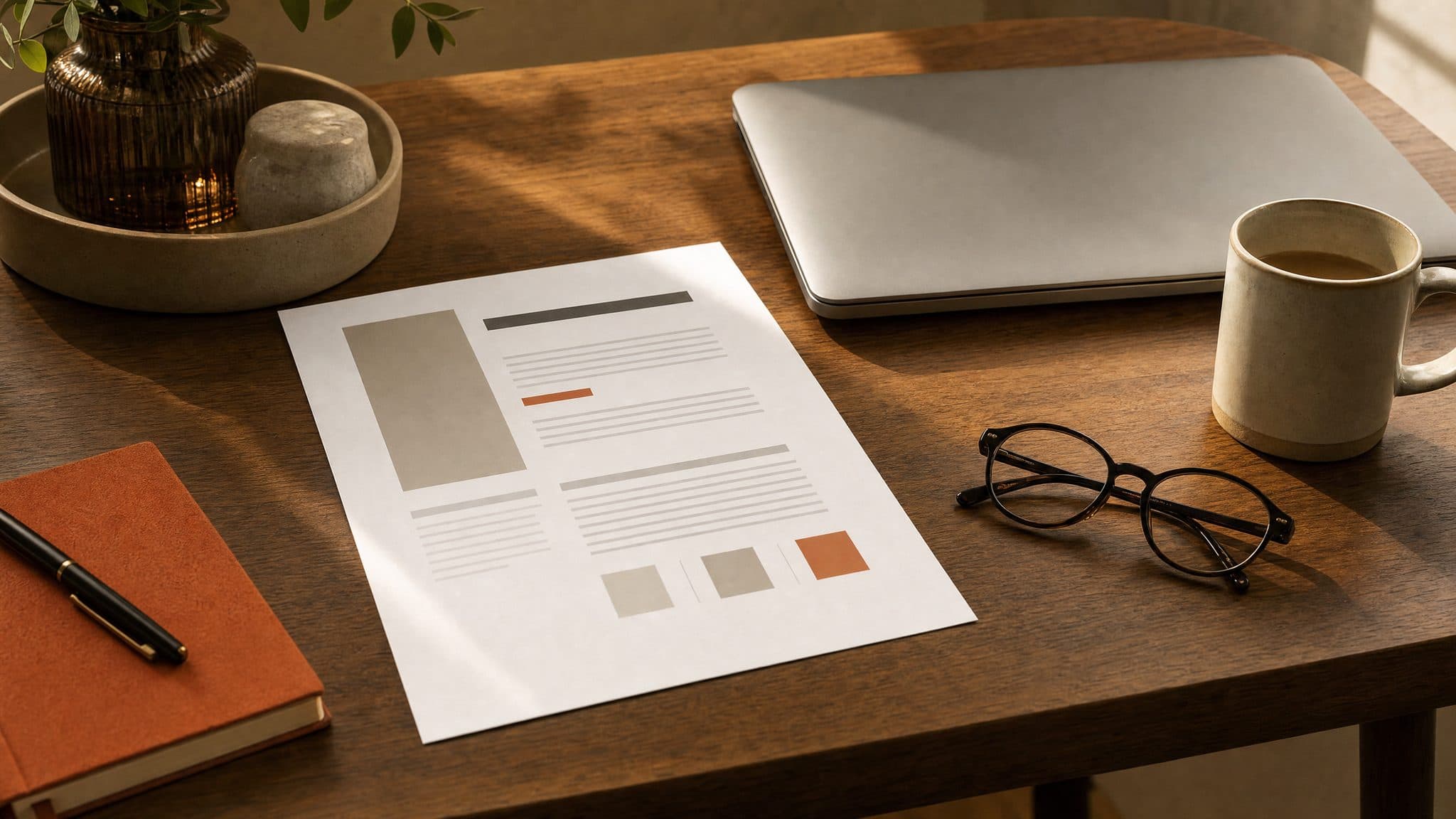 A tidy desk with a one-page document, a closed laptop, and reading glasses