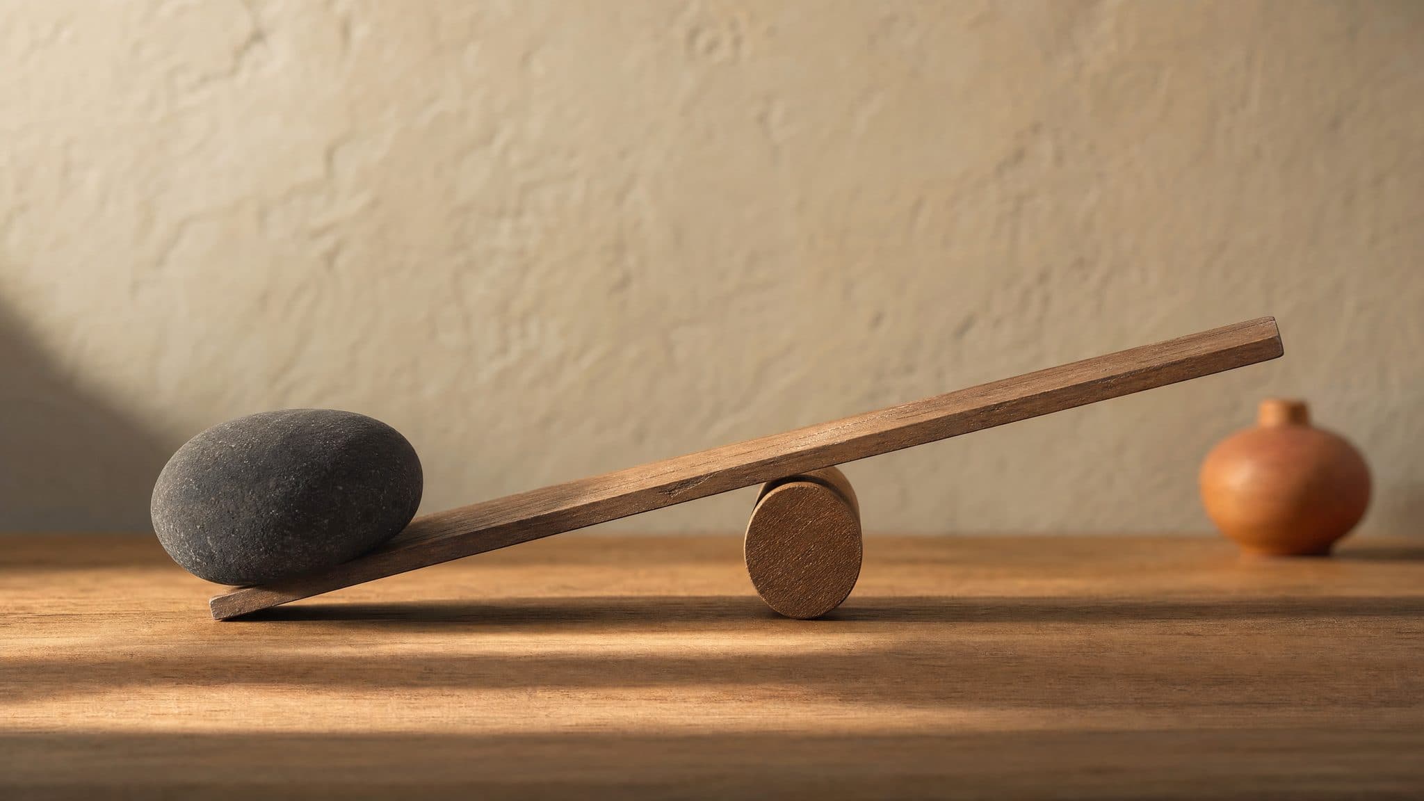 Tuas kayu mengangkat batu gelap, still life minimal di cahaya hangat