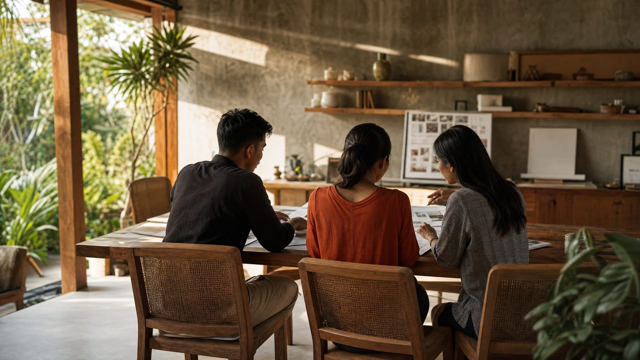 A small marketing team talking around a table in late light